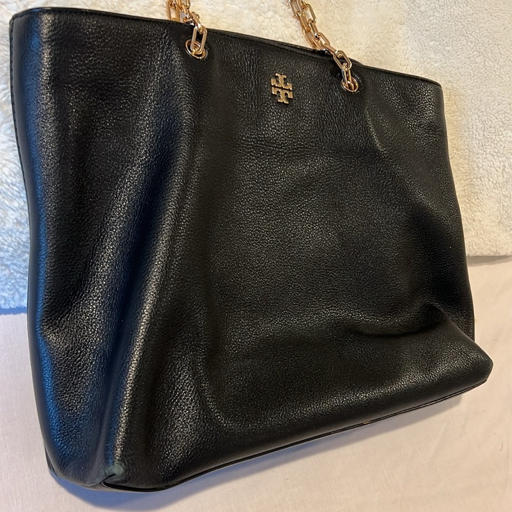 tory burch mcgraw leather tote bag black with gold accents large - Picture 3 of 6
